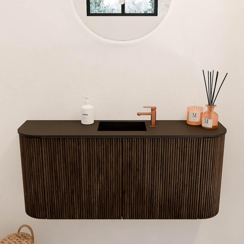 Mondiaz JOYA 93.2cm toiletmeubel - ronding links en rechts kleur Walnut - Wastafel FAYE positie Midden 1 kraangat kleur Urban. SW1421379