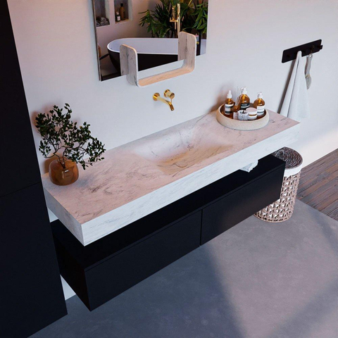 Mondiaz ALAN-DLUX Ensemble de meuble - 150cm - meuble Urban mat - 2 tiroirs - Lavabo Cloud Opalo suspendu - vasque Centre - 0 trous de robinet SW806464