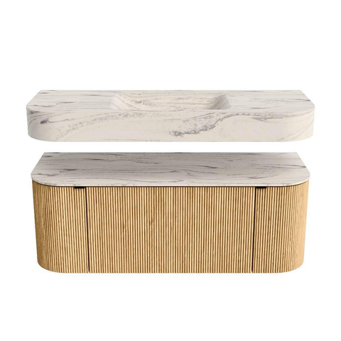 MONDIAZ THOR-DLUX 120cm badmeubel ronding links + rechts kleur Oak met 1 lade en 2 deuren. Vrijhangende wastafel CLOUD Midden 1 kraangat kleur Nata. SW1463337