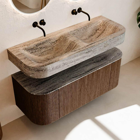 MONDIAZ THOR-DLUX 120cm badmeubel ronding links + rechts kleur Walnut met 1 lade en 2 deuren. Vrijhangende wastafel CLOUD Dubbel zonder kraangat kleur Oza. SW1463429