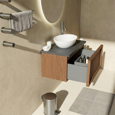 Saniclass Holz Frame Badkamermeubelset - 80x45x43cm - Noche basalten wastafelblad gepolijst (zwart) - 1 kraangat - 1 lade - mat walnut pure (hout) SW1478547