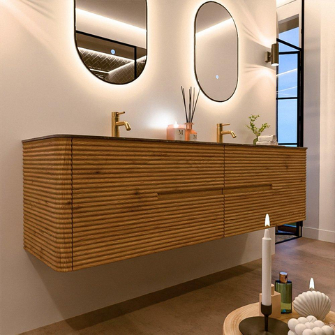 Mondiaz CIRO-DLUX Badkamermeubelset - 180x45x50cm - Solid surface wastafel Oza - 2 wasbak Dubbel - 2 kraangaten - 4 lades - Oak SW1531196