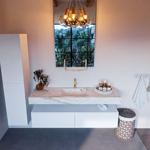 Mondiaz ALAN-DLUX Ensemble de meuble - 150cm - meuble Talc mat - 2 tiroirs - Lavabo Cloud Frappe suspendu - vasque Centre - 1 trou de robinet SW805233