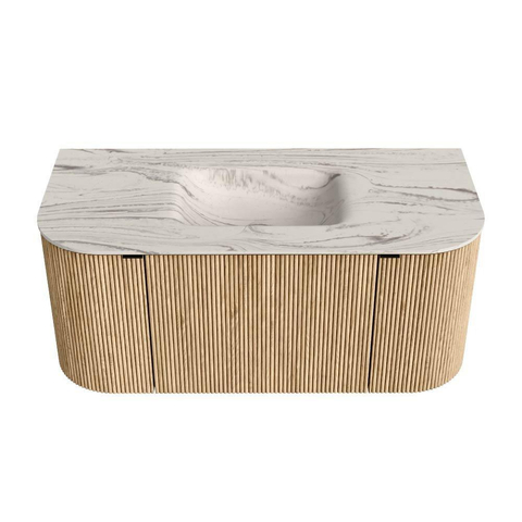 MONDIAZ KURVE-DLUX 100cm badmeubel ronding Links + Rechts kleur Oak met 1 lade en 2 deuren. Wastafel GRUNNE Midden 1 kraangat Nata. SW1432063