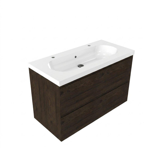 Saniclass Holz Pure Badkamermeubelset - 100x45x63.5cm - Palermo keramische wastafel wit - 1 wasbak - 2 kraangaten - 2 lades - mat eiken charcoal (hout) SW1478631