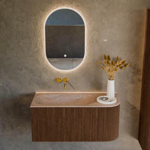 MONDIAZ KURVE-DLUX meuble de salle de bains 95cm arrondi Droit couleur Noyer avec 1 tiroir et 1 porte. Lavabo BIG SMALL Gauche sans trou de robinet Saba. SW1433165
