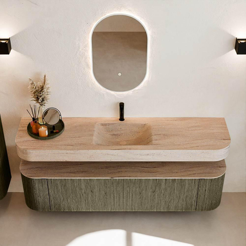MONDIAZ THOR-DLUX 180cm meuble de salle de bains arrondi gauche + droite couleur Shadow avec 2 tiroirs et 2 portes. Vasque suspendue CLOUD Milieu 1 trou de robinet couleur Saba. SW1466249