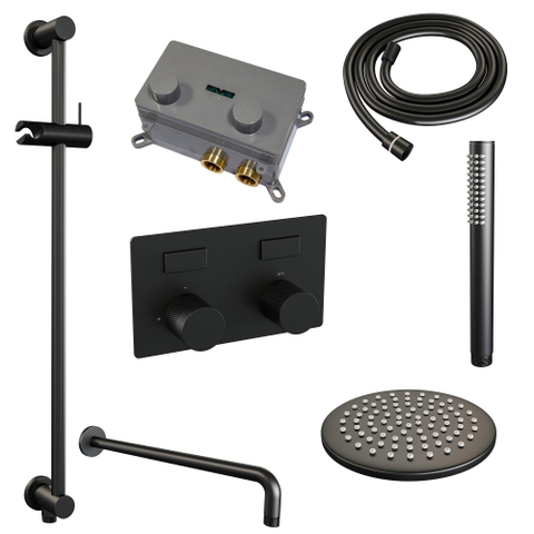 BRAUER Black Carving Douche de pluie thermostatique encastrée - boutons-poussoirs - SET 63 - pomme de douche 20cm - bras mural courbé - douchette barre - flexible de douche - barre de douche intégrée - noir mat SW925402