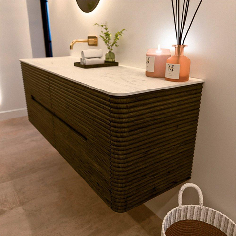 Mondiaz CIRO-DLUX Ensemble de meubles de salle de bains - 140x45x50cm - plan-vasque solid surface Opalo - 1 vasque à gauche - sans trous de robinetterie - 4 tiroirs - Shadow SW1532419