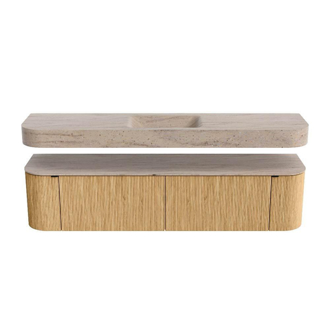 MONDIAZ THOR-DLUX Meuble de salle de bains 190cm arrondi gauche + droite couleur Oak avec 2 tiroirs et 2 portes. Vasque suspendue CLOUD Milieu 1 trou de robinet couleur Saba. SW1466659