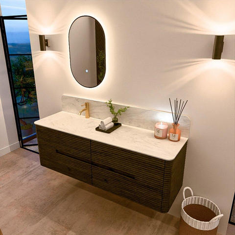 Mondiaz CIRO-DLUX Meuble de salle de bains - 150x45x50cm - Vasque solid surface Opalo - 1 lavabo à gauche - 1 trou de robinet - 4 tiroirs - Shadow SW1532411