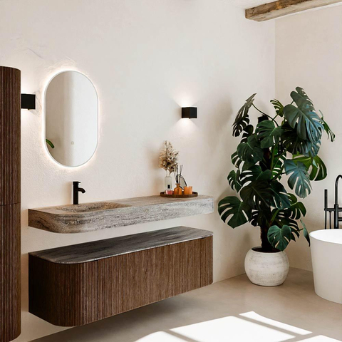 MONDIAZ THOR-DLUX 150cm meuble de salle de bains arrondi gauche + droite couleur Walnut avec 1 tiroir et 2 portes. Vasque suspendue CLOUD Gauche 1 trou de robinet couleur Oza. SW1467676