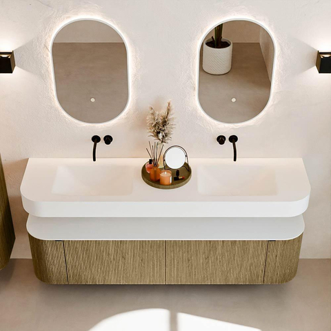 MONDIAZ THOR 180cm meuble de salle de bains arrondi gauche + droite couleur Dusk avec 2 tiroirs et 2 portes. Vasque suspendue CLOUD Double sans trou de robinet couleur Talc. SW1465990