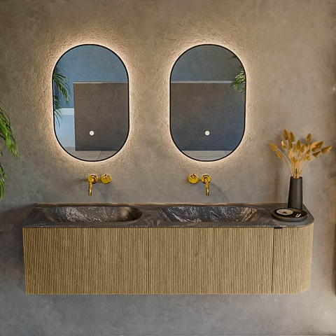 Mondiaz KURVE-DLUX Ensemble de meuble de salle de bains - 165x46x40cm - 2 tiroirs - 1 porte - vasque solid surface - double / gauche - sans trou de robinet - Dusk SW1415558