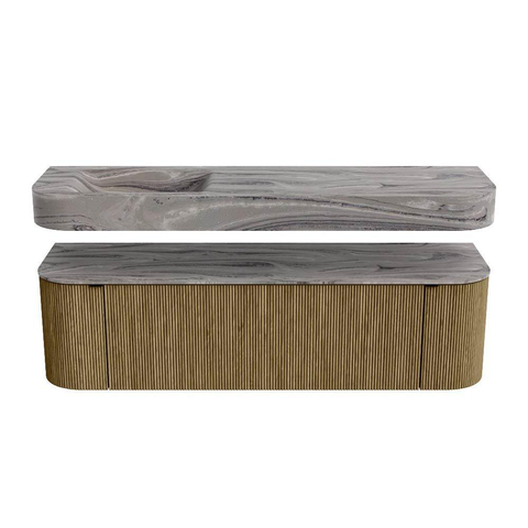 MONDIAZ THOR-DLUX 160cm meuble de salle de bains arrondi gauche + droite couleur Dusk avec 1 tiroir et 2 portes. Vasque suspendue CLOUD Gauche 1 trou de robinet couleur Sombra. SW1465381