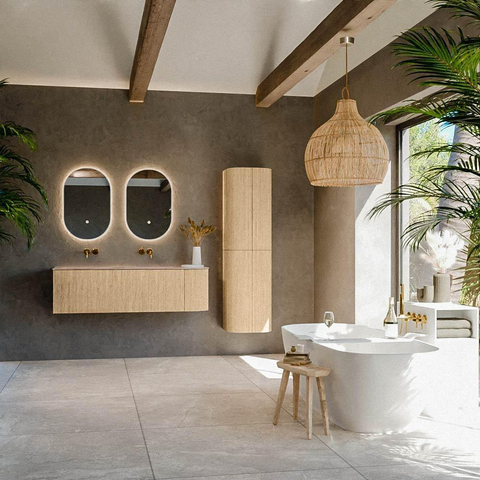 MONDIAZ KURVE-DLUX 145cm meuble de salle de bains arrondi Droite couleur Chêne avec 1 tiroir et 1 porte. Lavabo LEAF Double / Gauche sans trou de robinet Saba. SW1433101