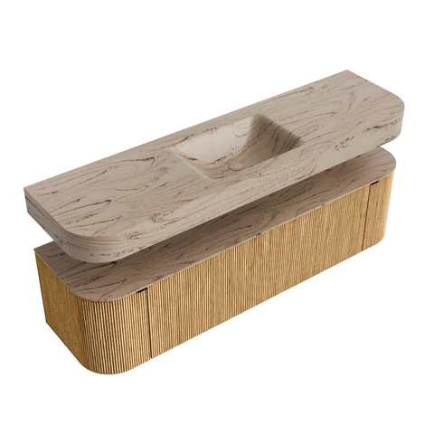 MONDIAZ THOR-DLUX 170cm badmeubel ronding links + rechts kleur Oak met 1 lade en 2 deuren. Vrijhangende wastafel CLOUD Midden zonder kraangat kleur Arena. SW1465790