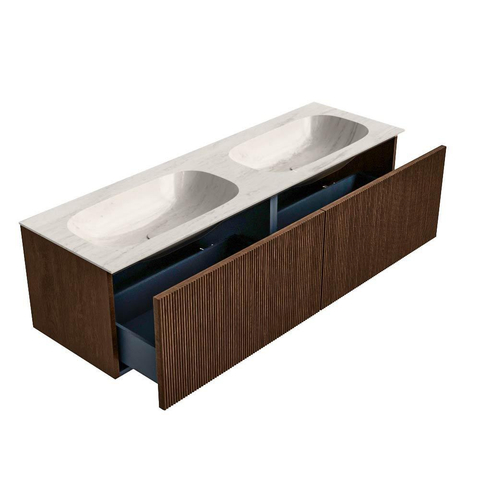 MONDIAZ KURVE-DLUX Meuble de salle de bains 150cm couleur Walnut avec 2 tiroirs et 0 portes. Plan-vasque STOR SMALL Double 2 trous de robinet Meli. SW1431741