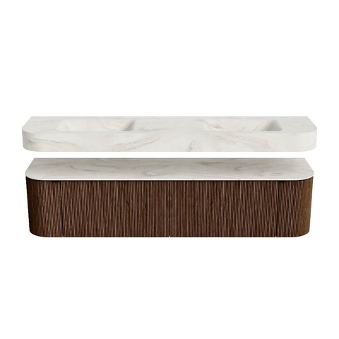 MONDIAZ THOR-DLUX Meuble de salle de bains - 190cm - arrondi gauche + droite - couleur Walnut - 2 tiroirs et 2 portes - Vasque suspendue CLOUD Double 2 trous de robinet - couleur Ostra SW1466458