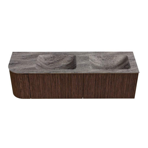 MONDIAZ KURVE-DLUX meuble de salle de bains 155 cm arrondi à gauche couleur Walnut avec 2 tiroirs et 1 porte. Lavabo LEAF Double / À droite 2 trous de robinet Oza. SW1432488