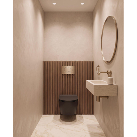 QeramiQ Dely Pack WC - 36,3x51,7cm - à fond creux - sans bride - réservoir encastré Geberit UP320 - abattant WC à fermeture douce - plaque de déclenchement en laiton brossé - boutons ronds - noir mat SW804629