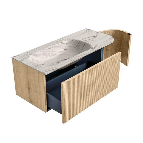 MONDIAZ KURVE-DLUX 105cm badmeubel ronding Rechts kleur Oak met 1 lade en 1 deur. Wastafel BIG SMALL Links zonder kraangat Nata. SW1432085