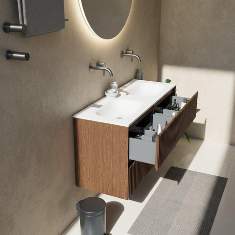 Saniclass Holz Atelier Ensemble meuble de salle de bains - 120x45x61.5cm - lavabo Flow en solid surface blanc - 2 vasques - sans trous de robinetterie - 2 tiroirs - noyer pure mat (bois) SW1478409