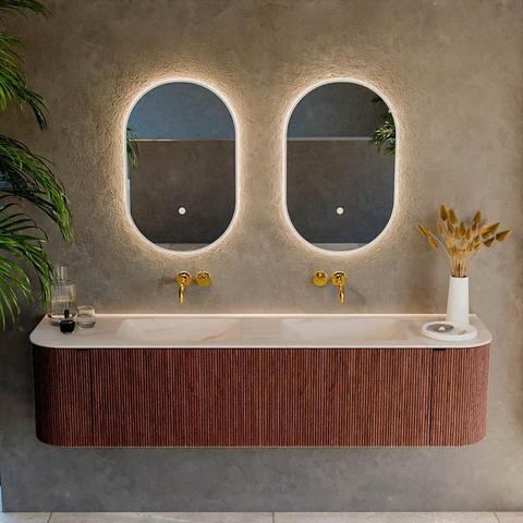 MONDIAZ KURVE-DLUX Meuble de salle de bains 180cm arrondi Gauche + Droite couleur Ruby avec 2 tiroirs et 2 portes. Lavabo LEAF Double sans trou de robinet Meli. SW1432000