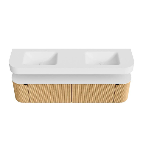 MONDIAZ THOR 180cm meuble de salle de bains arrondi gauche + droite couleur Oak avec 2 tiroirs et 2 portes. Vasque suspendue CLOUD Double sans trou de robinet couleur Talc. SW1465890