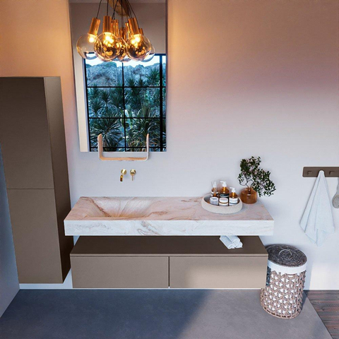 Mondiaz ALAN-DLUX Ensemble de meuble - 150cm - meuble Smoke mat - 2 tiroirs - Lavabo Cloud Frappe suspendu - vasque Gauche - 0 trous de robinet SW805247