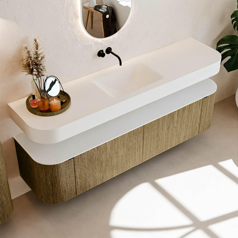 MONDIAZ THOR Meuble de salle de bains 180cm arrondi gauche + droite couleur Dusk avec 2 tiroirs et 2 portes. Vasque suspendue CLOUD Milieu sans trou de robinet couleur Talc. SW1465970