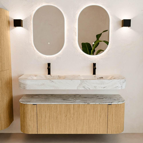 MONDIAZ THOR-DLUX 140cm meuble de salle de bains arrondi gauche + droite couleur Oak avec 1 tiroir et 2 portes. Vasque suspendue CLOUD Double 2 trous de robinet couleur Glace. SW1463945