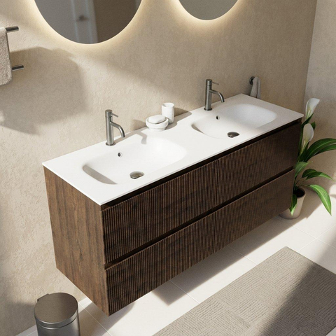 Saniclass Holz Atelier Ensemble meuble de salle de bains - 140x45x61.5cm - lavabo Flow en solid surface blanc - 2 vasques - 2 trous de robinetterie - 4 tiroirs - chêne charcoal mat (bois) SW1478441