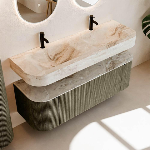 MONDIAZ THOR-DLUX 140cm meuble de salle de bains arrondi gauche + droite couleur Shadow avec 1 tiroir et 2 portes. Vasque suspendue CLOUD Double 2 trous de robinet couleur Frappe. SW1467662