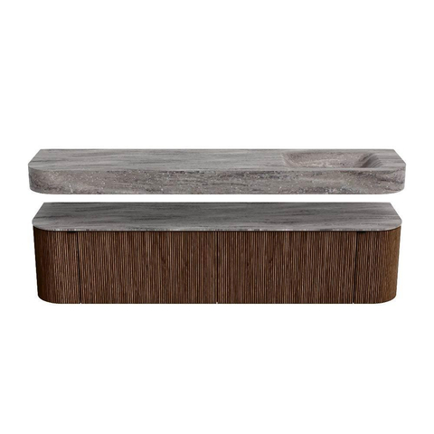 MONDIAZ THOR-DLUX Meuble de salle de bains 190cm arrondi gauche + droite couleur Walnut avec 2 tiroirs et 2 portes. Vasque suspendue CLOUD Droite 1 trou de robinet couleur Oza. SW1466813