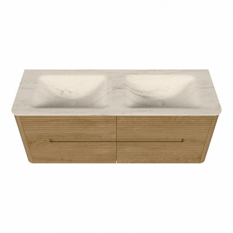 Mondiaz CIRO-DLUX Badkamermeubelset - 130x45x50cm - Solid surface wastafel Meli - 2 wasbak Dubbel - 2 kraangaten - 4 lades - Oak SW1531121