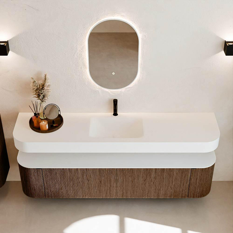 MONDIAZ THOR 190cm badmeubel ronding links + rechts kleur Walnut met 2 lades en 2 deuren. Vrijhangende wastafel CLOUD Midden 1 kraangat kleur Talc. SW1466389