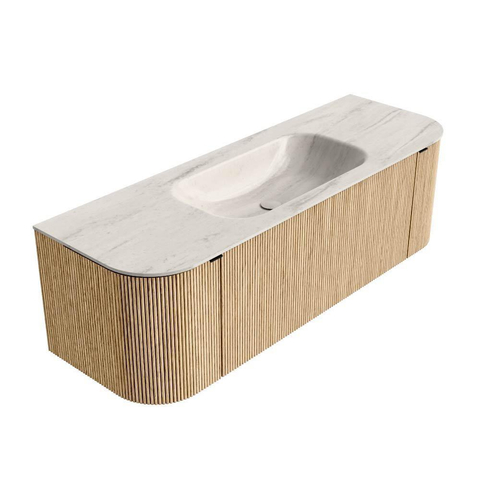 MONDIAZ KURVE-DLUX Meuble de salle de bains 140cm arrondi Gauche + Droite couleur Chêne avec 1 tiroir et 2 portes. Lavabo BIG SMALL Central sans trou de robinet Meli. SW1431594