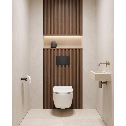QeramiQ Dely Swirl Ensemble WC - 36.3x51.7cm - réservoir encastré Geberit UP720 Duofix Sigma - abattant slim - plaque de commande noire mate - boutons rectangulaires - blanc mat SW1415534