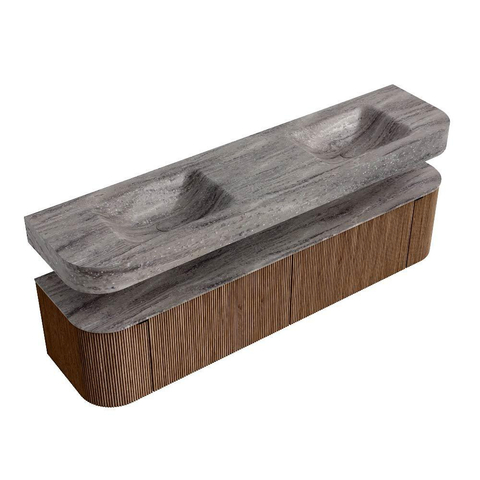 MONDIAZ THOR-DLUX 190cm meuble de salle de bains arrondi gauche + droite couleur Walnut avec 2 tiroirs et 2 portes. Vasque suspendue CLOUD Double 2 trous de robinet couleur Oza. SW1466821