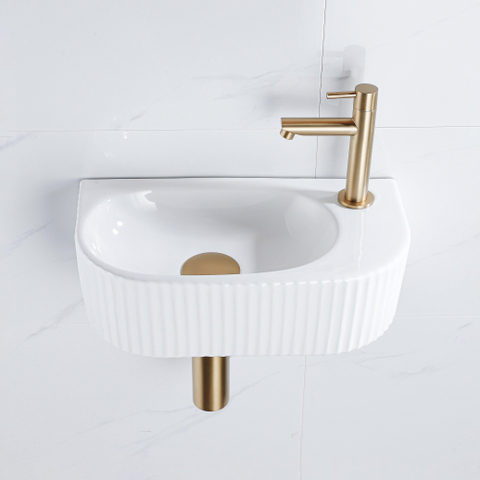 QeramiQ Blend pack lave-mains – demi-rond – 40 x 21,5 x 12 cm – céramique blanc brillant – robinet doré brossé SW1233023