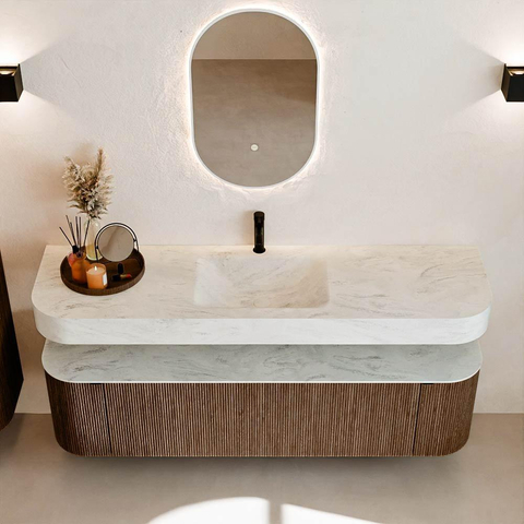 MONDIAZ THOR-DLUX 170cm meuble de salle de bains arrondi gauche + droite couleur Walnut avec 1 tiroir et 2 portes. Vasque suspendue CLOUD Milieu 1 trou de robinet couleur Opalo. SW1465593