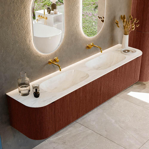Mondiaz KURVE-DLUX Ensemble de meubles de salle de bains - 200x46x40cm - 2 tiroirs - 2 portes - lavabo solid surface - double - sans trou de robinet - Ruby SW1415942