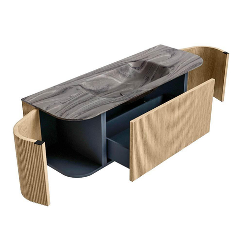 MONDIAZ KURVE-DLUX 130cm badmeubel ronding Links + Rechts kleur Oak met 1 lade en 2 deuren. Wastafel BIG SMALL Midden zonder kraangat Sombra. SW1433546