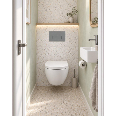 Pack WC QeramiQ Dely Swirl Compact - réservoir encastrable Geberit UP320 - avec bâti-support Burda - abattant 25 mm - plaque de commande en plastique gris clair - boutons rectangulaires - blanc brillant SW1592335