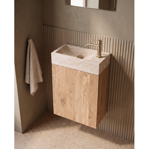 Saniclass Holz Pure Toiletmeubelset - 40x60.5cm - 1 deur - fontein travertine - kraangat rechts - eiken natural SW1577784