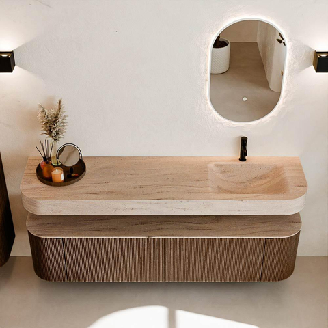 MONDIAZ THOR-DLUX 180cm meuble de salle de bains arrondi gauche + droite couleur Walnut avec 2 tiroirs et 2 portes. Vasque suspendue CLOUD Droite 1 trou de robinet couleur Saba. SW1466324