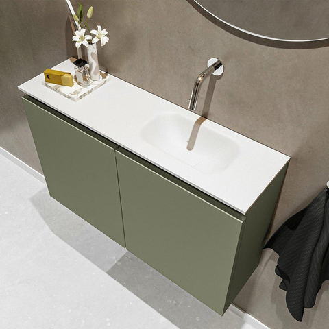 MONDIAZ TURE Fonteinset - 80x23x50cm - 0 kraangaten - 2 deuren - army mat - Wasbak rechts - Solid Surface Wit SW475006
