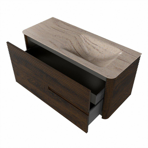 Mondiaz CIRO-DLUX Badkamermeubelset - 110x45x50cm - Solid surface wastafel Saba - 1 wasbak Rechts - zonder kraangaten - 2 lades - Walnut SW1530669