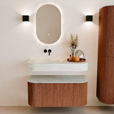 MONDIAZ THOR-DLUX 100cm meuble de salle de bains arrondi gauche + droite couleur Ruby avec 1 tiroir et 2 portes. Vasque suspendue CLOUD Gauche sans trou de robinet couleur Opalo. SW1467428